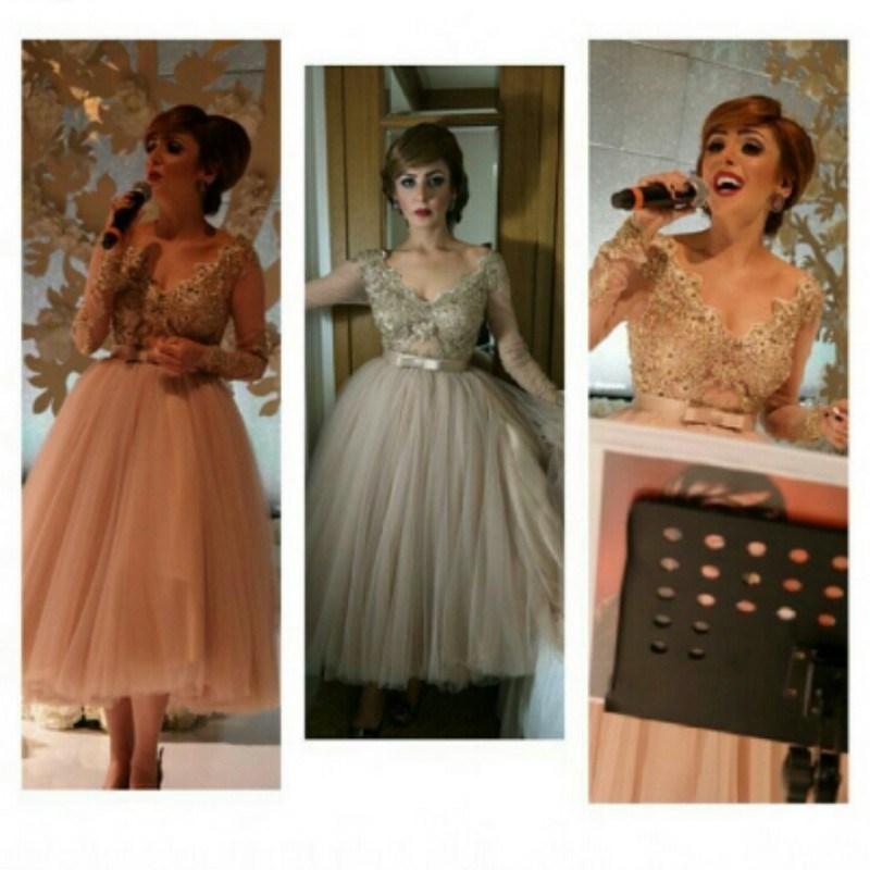 Sheer Lace Long Sleeve Tea Length Evening Dresses with V-neck Beaded Applique Arabic Celebrity Dress Champagne Prom Cocktail Dresses