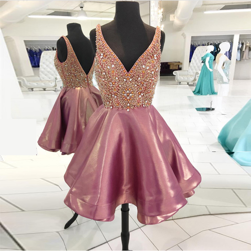 Luxury Rose Pink Crystal Homecoming Dresses V Neck Sleeveless Satin Backless Short Prom Dresses Sparkly Party Dresses, Fuchsia
Luxury Rose Pink Crystal Homecoming Dresses V Neck Sleeveless Satin Backless Short Prom Dresses Sparkly Party Dresses, Fuchsia