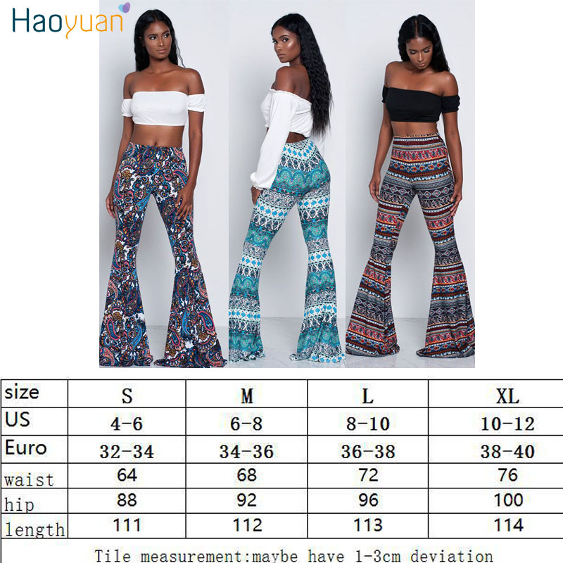 HAOYUAN Women Elastic Boot Cut Trousers 2017 Summer Casual High Waist Pants African Print Boho Slim Long Flare Wide Leg Pant q1110