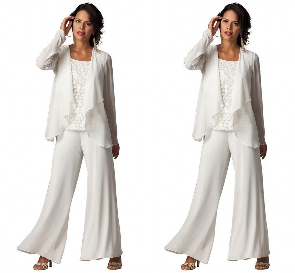 New Fashion Cheap Elegant Chiffon Plus Size Three-Piece Tiered Ruffled Pant Suits Women's Long Sleeve Formal Evening Mother Pant Suits