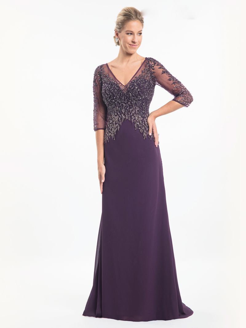 Sparkling Plum Mother of the Bride Dresses Illusion Sheer with Beading Sequins 3/4 Long Sleeves Pleats Chiffon Sweep Train Evening Gowns
Sparkling Plum Mother of the Bride Dresses Illusion Sheer with Beading Sequins 3/4 Long Sleeves Pleats Chiffon Sweep Train Evening Gowns