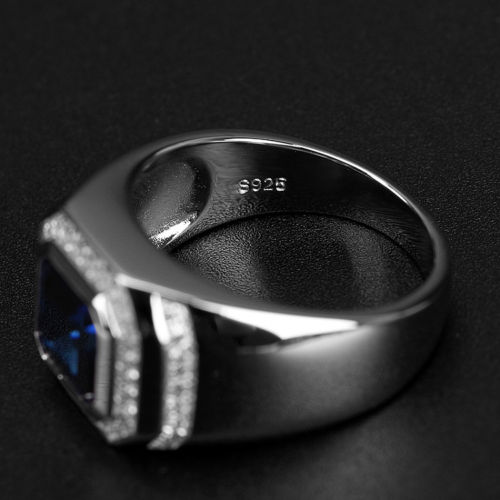 Blue Sapphire Sterg Sier Ring: Solitaire Simulated Dia Wedding Band for Men (Size 8-13)