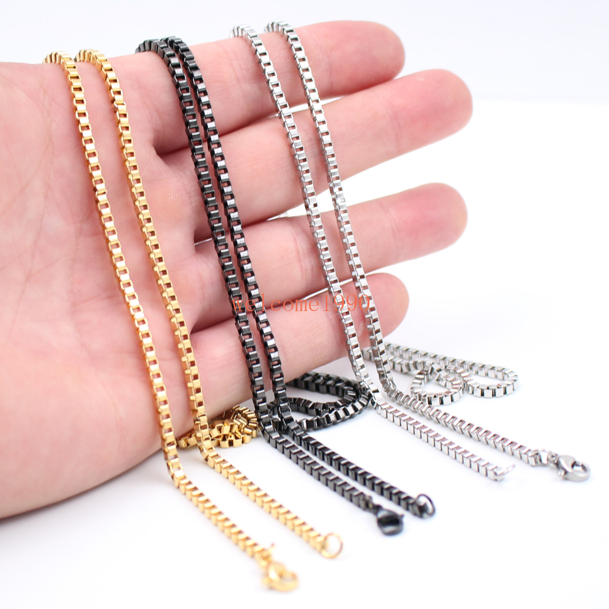 5pcs lot Wholesale 2.4mm Box Chain Necklace Stainless Steel Men's Women Jewelry Silver / gold / black 18 inch-32 inch in bulk
5pcs lot Wholesale 2.4mm Box Chain Necklace Stainless Steel Men's Women Jewelry Silver / gold / black 18 inch-32 inch in bulk