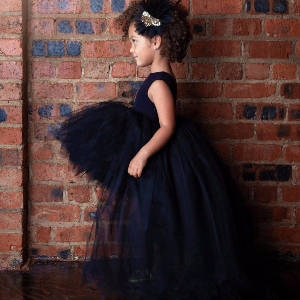 Cute Black Hi Lo Girls Pageant Dresses with Sequin Appliques Fluffy Skirts First Communion Gowns Custom Made Ball Gown Flower Girls Dresses