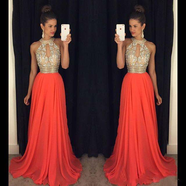Crystal Prom Dresses 2016 High Neck Evening Gowns Cheap Orange Chiffon With Beading Formal Party Gowns Long Prom Dress