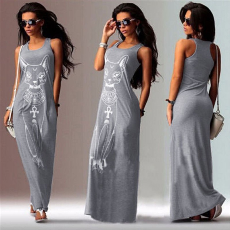 Sexy Evening Party Dresses Women 2016 Summer Dress Vestidos Wine Red Black Sexy Cartoon Cat Print Boho Long Maxi Beach Dresses