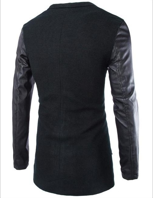 Free shipping 2016 New Fashion Korean Style Men's Jacket Leather Cloth Sleeve Placket Long Coat Slim Woolen Coat Top Sales