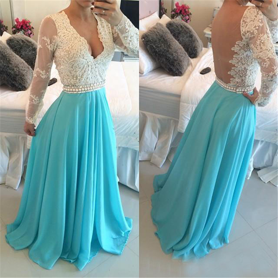 Elegant V Neck Sheer Back Lace Prom Gowns A Line With Long Sleeves Blue and White See-through Evening Dresses Formal Dress, Chocolate
Elegant V Neck Sheer Back Lace Prom Gowns A Line With Long Sleeves Blue and White See-through Evening Dresses Formal Dress, Chocolate