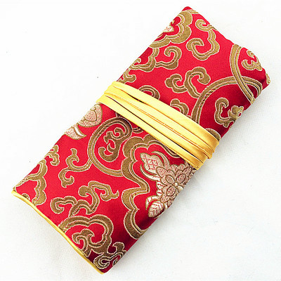 Customize Folding Jade Travel Jewelry Roll Up Bag Chinese Silk Brocade Pouch Ladies Makeup Storage Pouches Drawstring Large Cosmetic Bags Zipper 20pcs