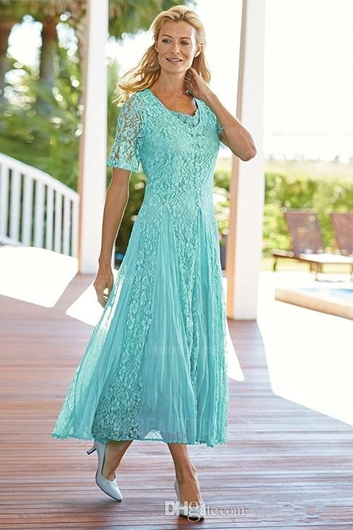Elegant Tea Length Mother's Dresses Lace Mother Of The Bride Dresses Scoop Neck Wedding Guest Dress With Sleeves A Line Plus Size Formal Gowns