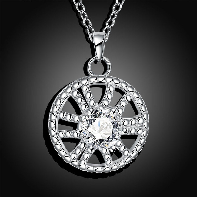 Hot sale round shape hollow Pendant necklace white gemstone sterling silver plate necklace STSN747,fashion 925 silver necklace factory