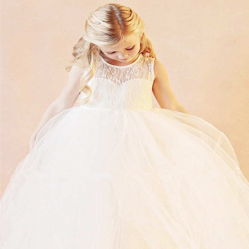 Lace Flower Girls Dresses For Weddings Open Back White Ivory Bow Kids Floor Length Bridal Gown NEW Little Girls Pageant Dress