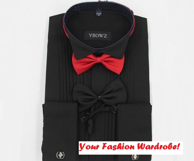 Wholesale-Mens Wedding Shirt With Bowtie 2016 New Long Sleeve Dress Shirts French Cuff Male Red Shirt Free Shipping