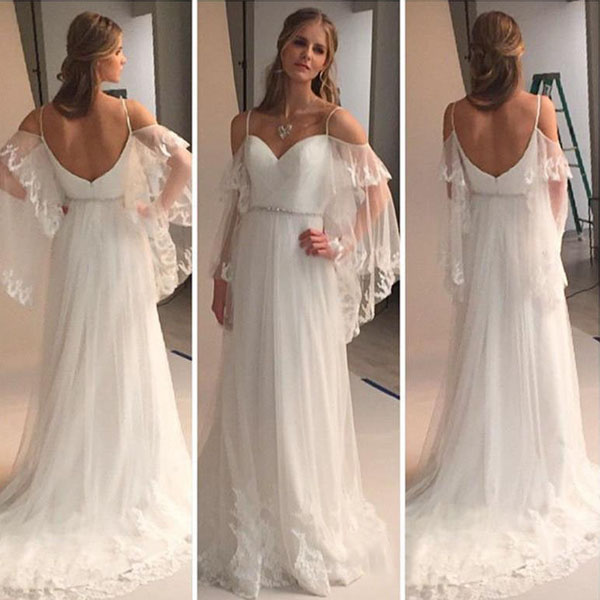 Beach Wedding Dress Spaghetti Straps Country Style Bridal Gowns Unique Illusion Butterfly Sleeves Vintage Lace Appliques Tulle Dresses, Ivory
Beach Wedding Dress Spaghetti Straps Country Style Bridal Gowns Unique Illusion Butterfly Sleeves Vintage Lace Appliques Tulle Dresses, Ivory
