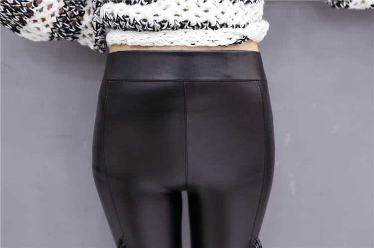 New design womens autumn winter sexy bodyon tassel fringe patchwork PU leather tunic leggings plus velvet tights pants elastic waist