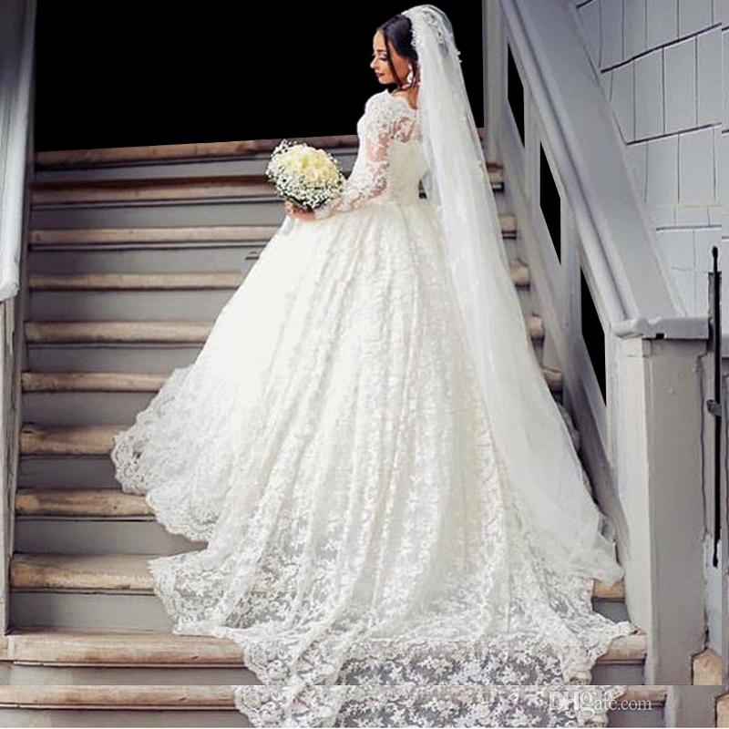 Vintage Lace Ball Gown Wedding Dress Long Sleeve Applique Court Train Sheer Bridal Gowns Arabic Women Dresses Plus Size