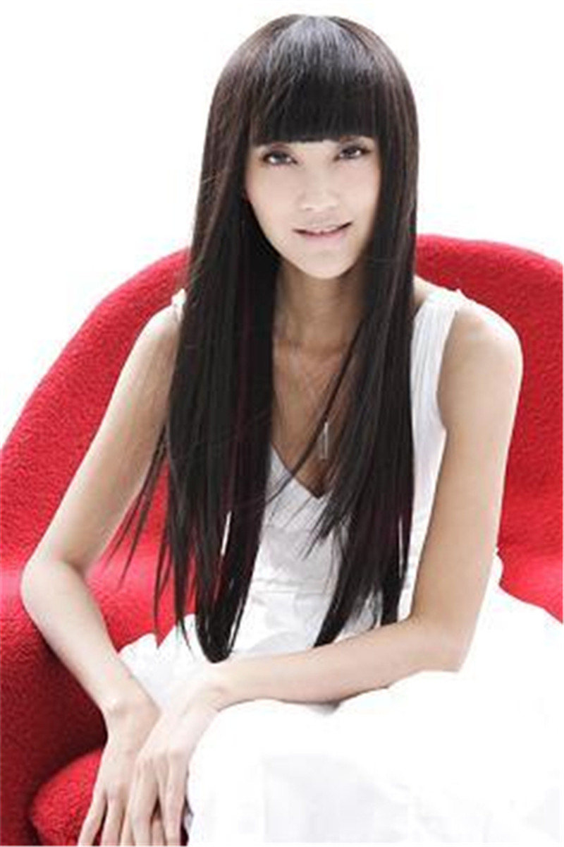 WoodFestival long black wig with neat bangs natural straight synthetic wig realistic daily wear wigs