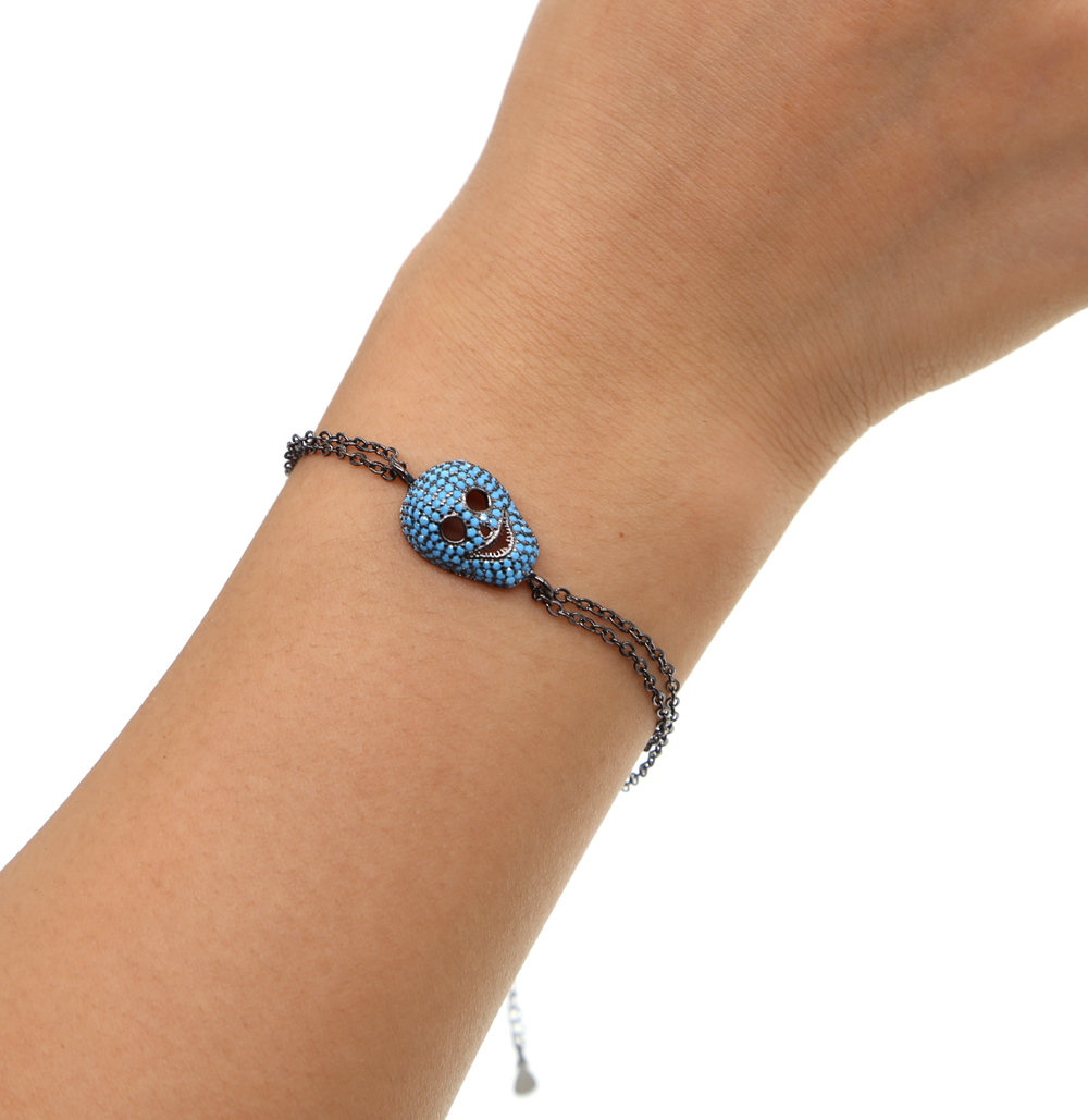 Customized Rose CZ Turquoise Skull Bracelet: Unique Double k Chain Gift for Her