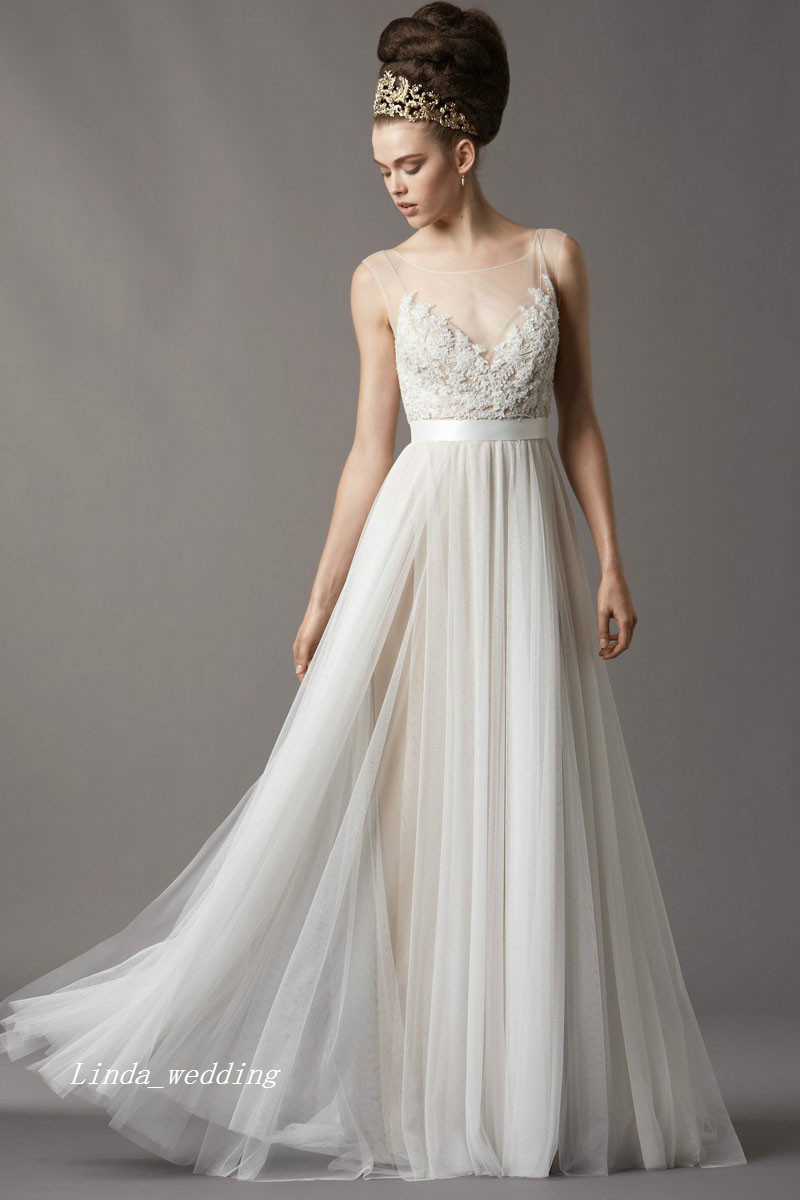 Free Shipping New Vintage Charming Sheer Transparent Tube Illusion Scoop Neck Lace Beach Casual Bridal Gown Wedding Dress Redo