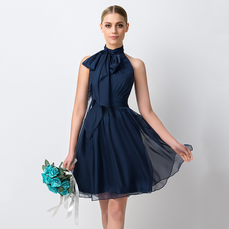 Navy Blue Short Bridesmaid Dress High Neck Chiffon Maid of Honor Dress For Junior Wedding Party Gown
