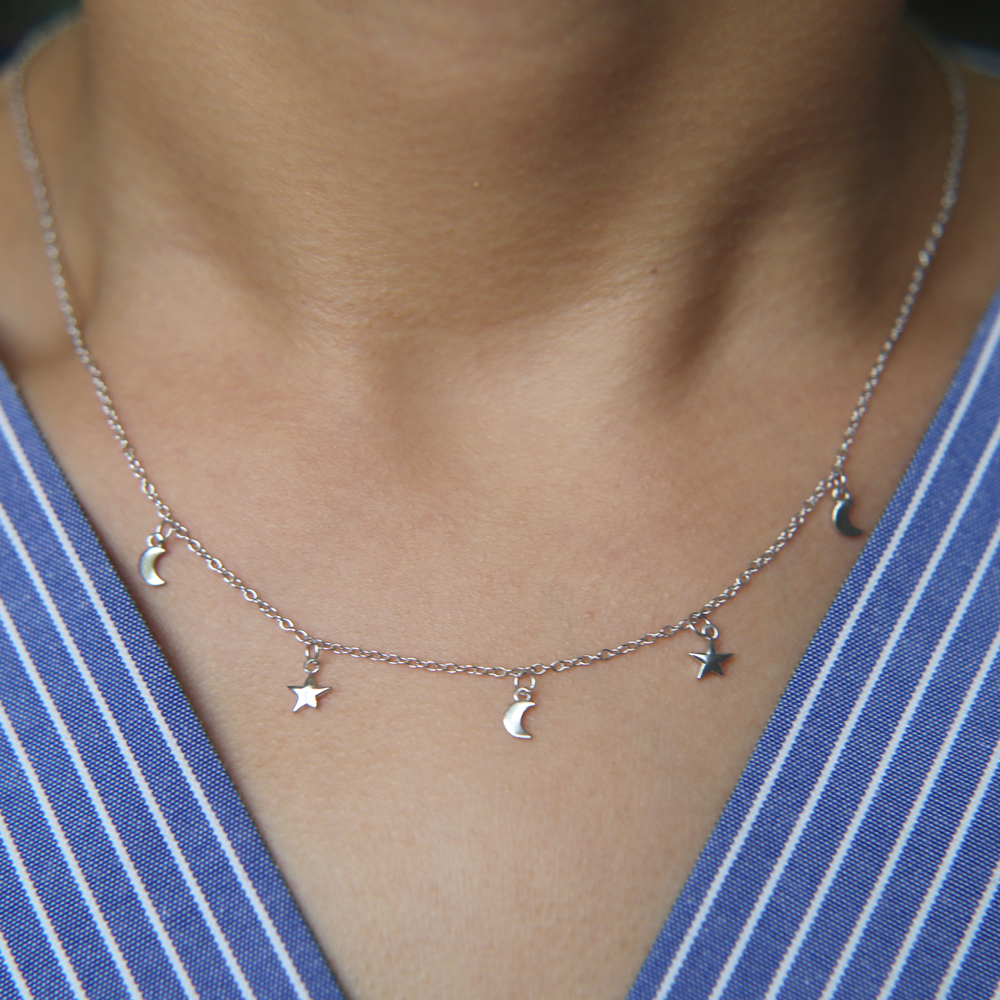 simple design no stone plain moon star charm statement 925 sterling silver girl women necklace