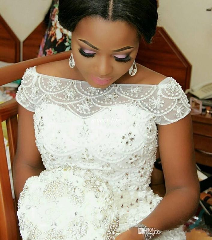 Arabic Nigerian Mermaid Wedding Dresses Off Shoulder Beading Tiered Rullffes Short Sleeves Chapel Train Tulle Plus Size Bridal Gowns