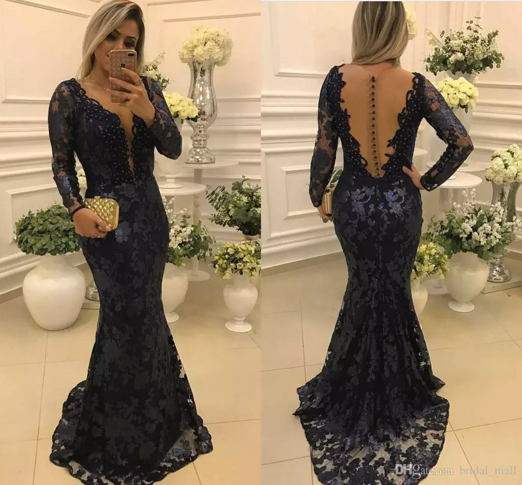 Elegant Navy Blue Mermaid Mother of the Bride Dresses See Through Lace Appliques Evening Dress with long sleeves formal gown robe de soiree 
Elegant Navy Blue Mermaid Mother of the Bride Dresses See Through Lace Appliques Evening Dress with long sleeves formal gown robe de soiree