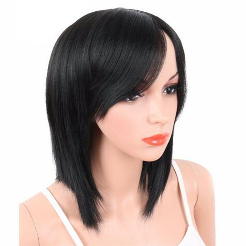 Fashion 16inch Black Color Synthetic Wigs With Bangs For Black White Women Medium Length Straight Hair Naturally Heat resistant