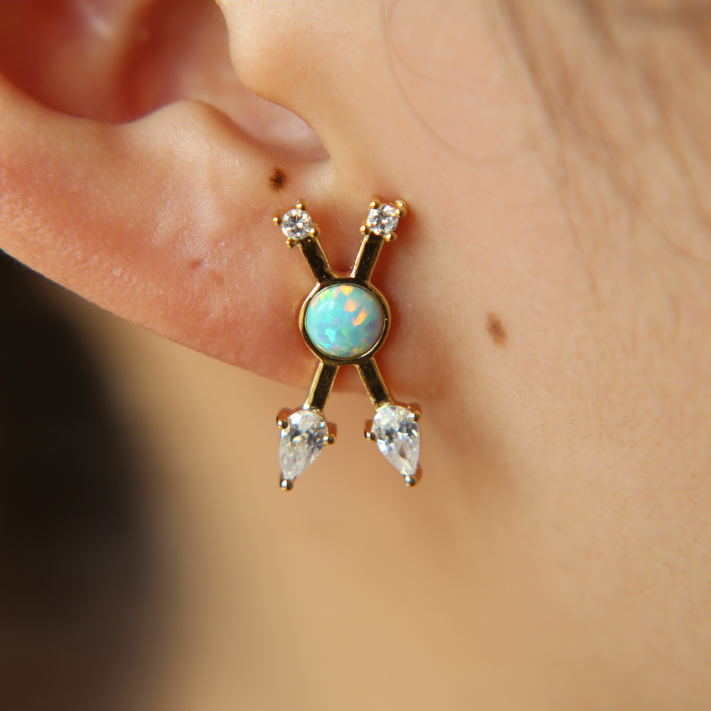 european Criss X design White cz with green fire opal unique fashion classic women ladies gold plated cross earring