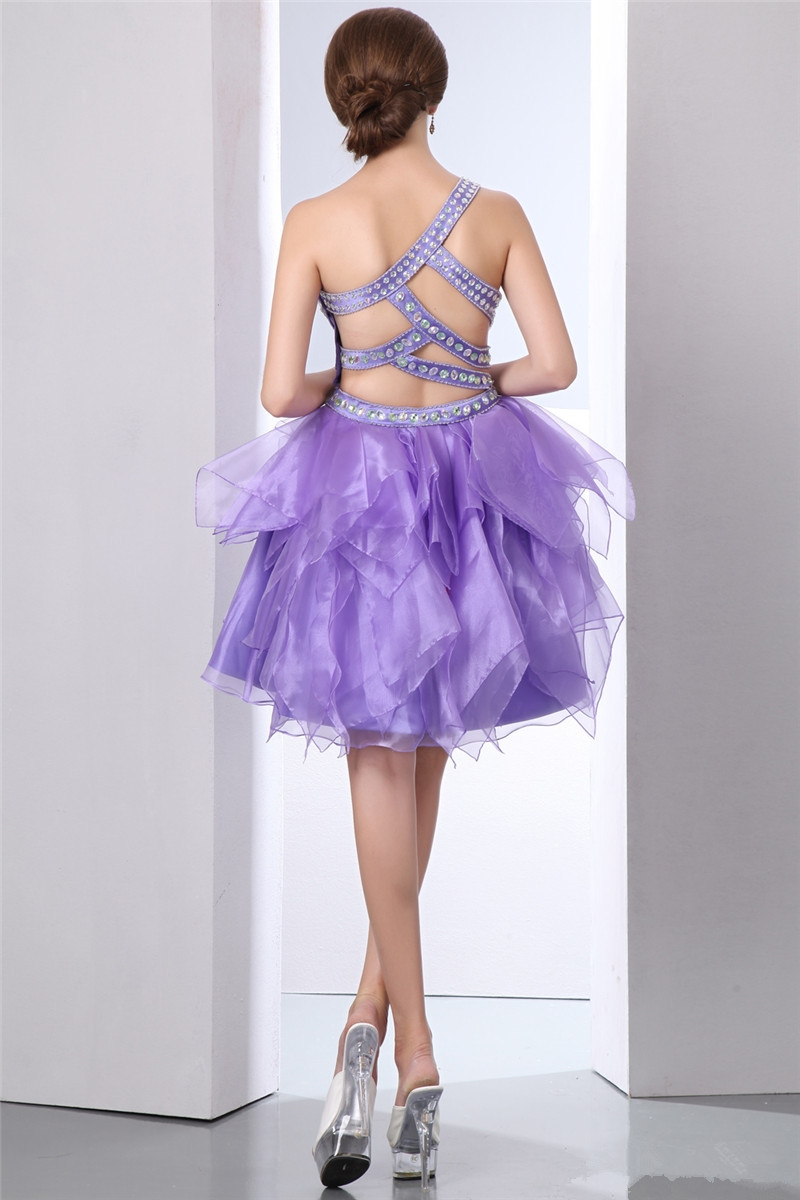 2017 Sexy One-Shoulder Crystal Ball Gown Mini Homecoming Dress With Backless Organza Graduation Prom Party Gown BH06