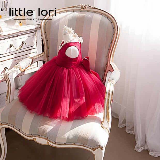 Elegant Girl Summer Dresses 2016 Red Chiffon Girls Wedding Party Birthday Dress Girl Baptism Vestidos with Big Bow 6M-12Y