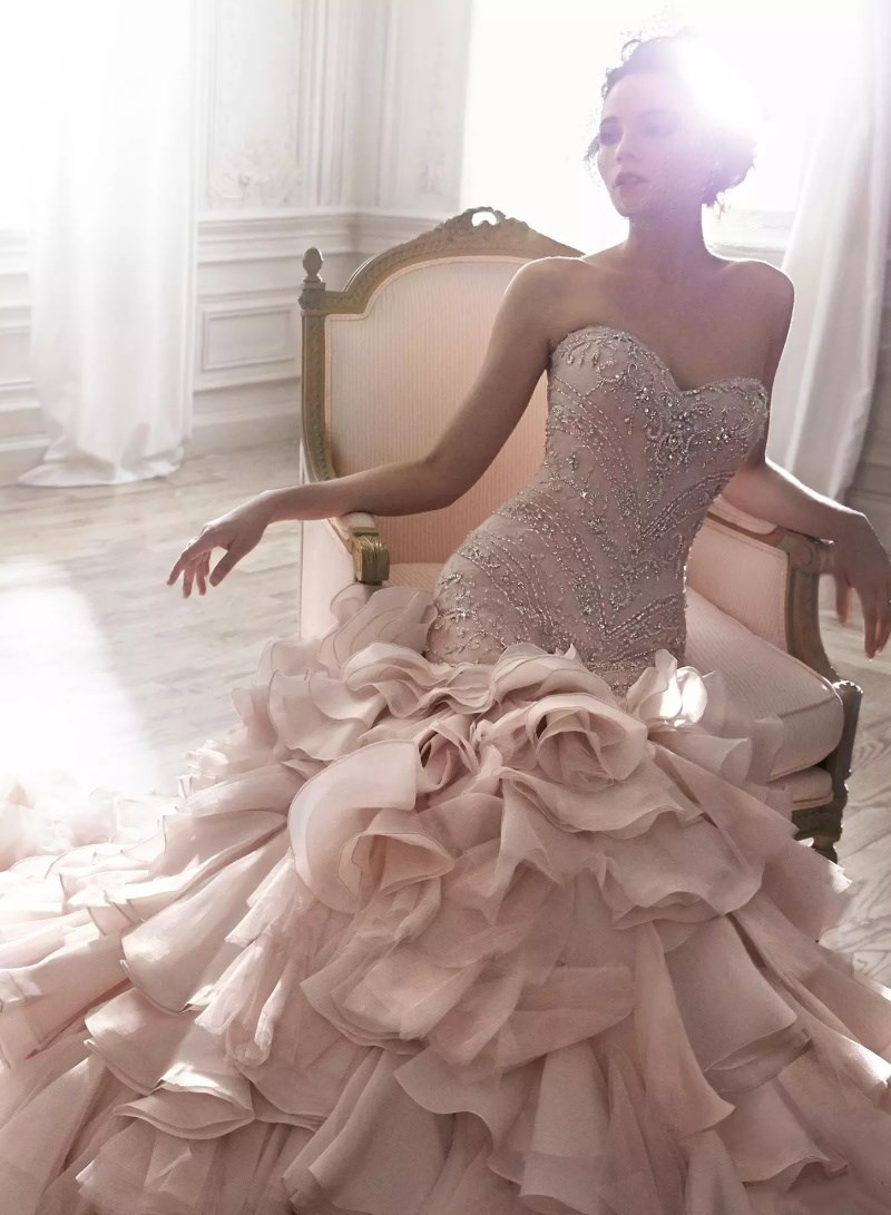 Luxury Mermaid Wedding Dress Free Shipping Blush Pink Sweetheart Neck Crystal Beads Custom Made Ruffles High Quality Wedding Dresses