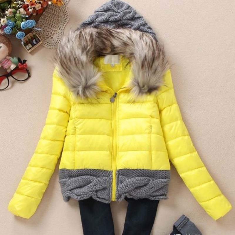 Wholesale- 1PC Winter Jacket Women Winter Coat Cotton Padded Short Jackets Knitted Hood Fur Collar Chaquetas Mujer Jaqueta Feminina Z005
