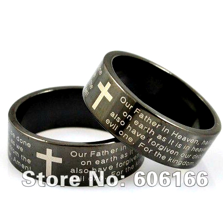 Wholesale Jewelry Lots 50pcs English Lord's Prayer Bible Cross Stainless Steel Rings Men's Fashion Jesus Wedding Rings Religious Jewelry