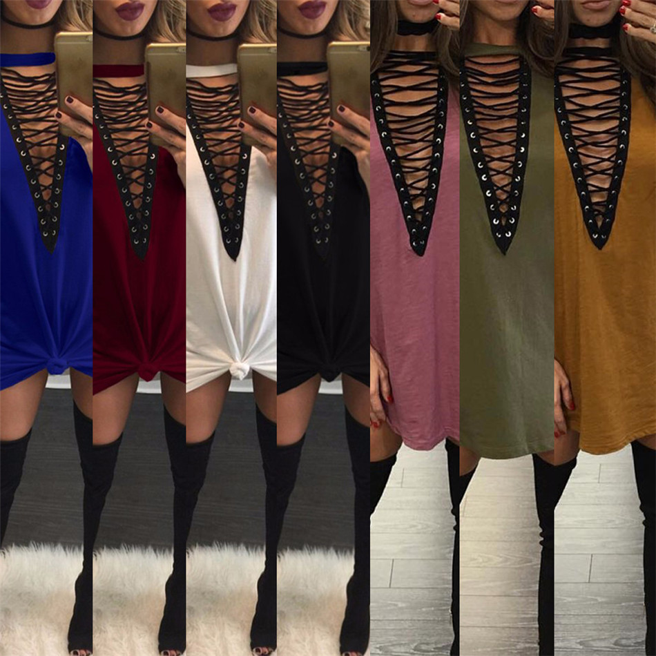 Summer Bandage TShirt Dress Women Deep V Neck Lace Up Patchwork Sexy Bodycon Party Dresses Hollow Out T-Shirt Dress Vestido, Black;gray
Summer Bandage TShirt Dress Women Deep V Neck Lace Up Patchwork Sexy Bodycon Party Dresses Hollow Out T-Shirt Dress Vestido, Black;gray