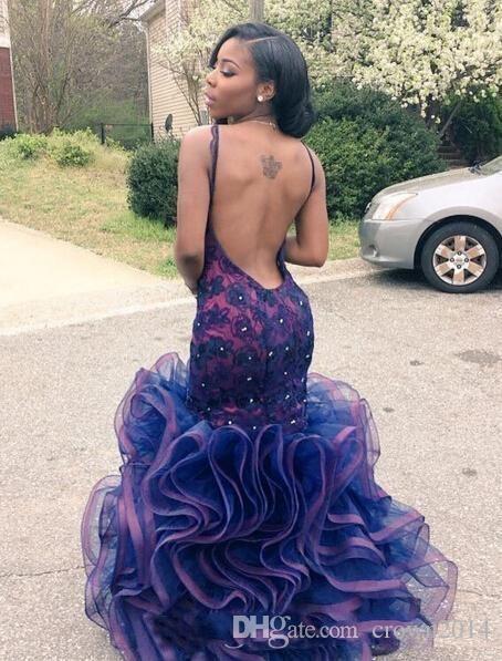 African Mermaid Prom Dresses Arabic Dubai Sexy Backless Navy Blue Lace Black Girl Red Party Evening Gowns Ruffles Long Sweet 16