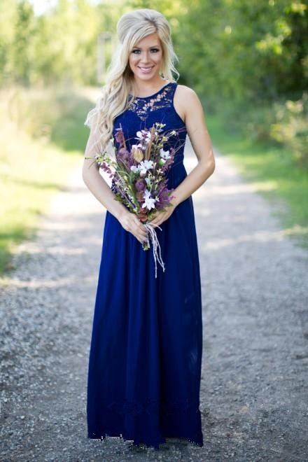 Royal Blue Bridesmaid Dress Elegant Backless Floor-Length Long Lace Chiffon Women Wear Evening Wedding Party Dress