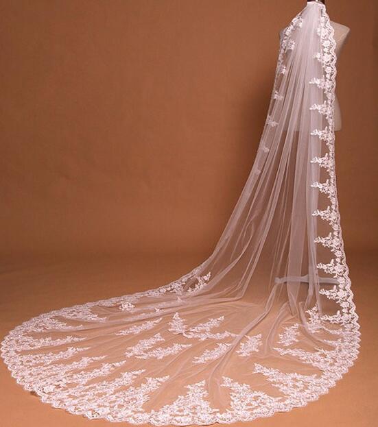 Bridal Veils Three Meters Long Veils Lace Applique Crystals Cathedral Length