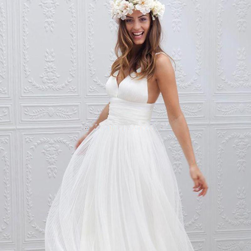 sexy white chiffon beach wedding dresses cheap v neck spaghetti strap plus size wedding party bridal gowns qc153