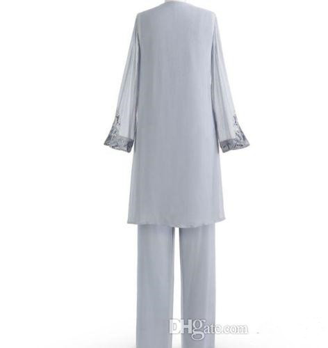 2019 Mother of the Bride Suits Pant Suit Three Pieces Chiffon Mother of the Bride Dresses Long Sleeve Beads Wedding Guest Gowns