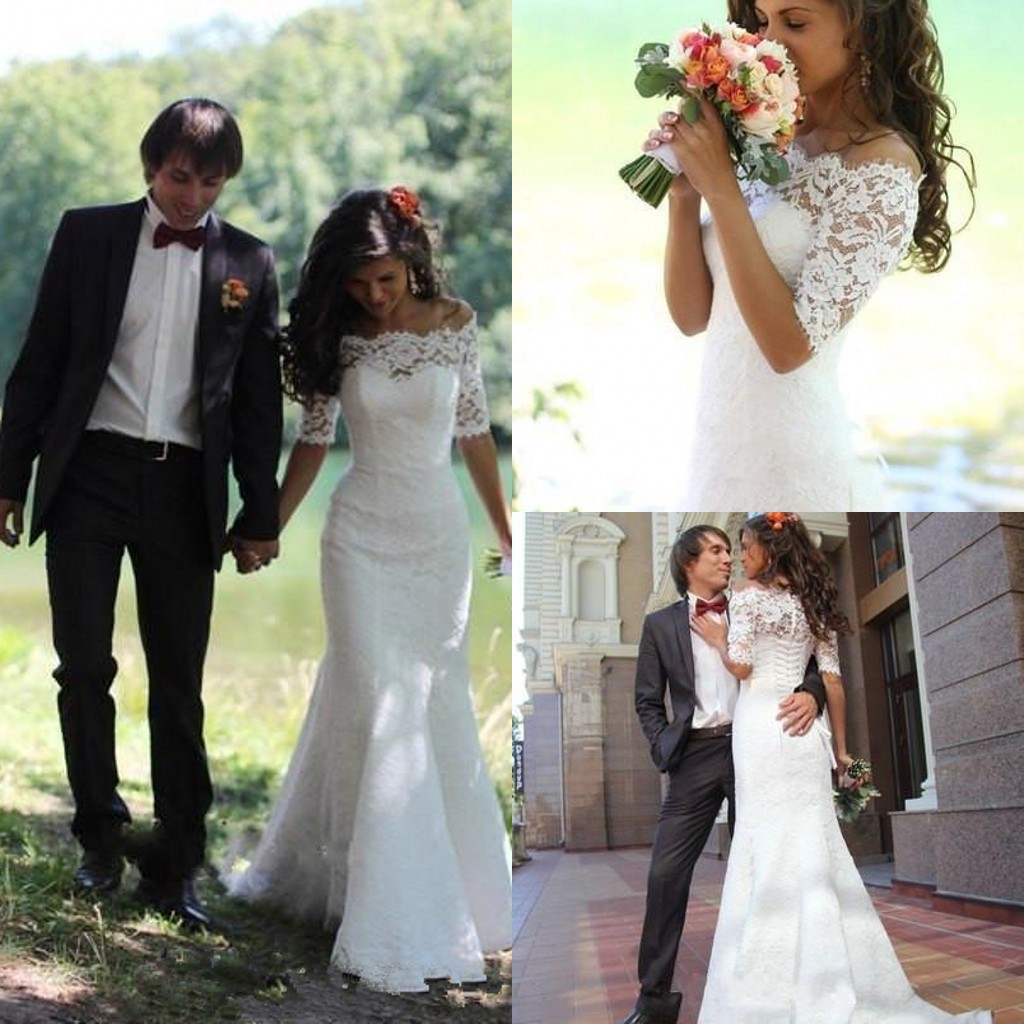 2021 Full Lace Wedding Dresses Mermaid Off Shoulder Half Sleeve Sweep Train Bridal Gowns For Wedding Cheap Custom Made