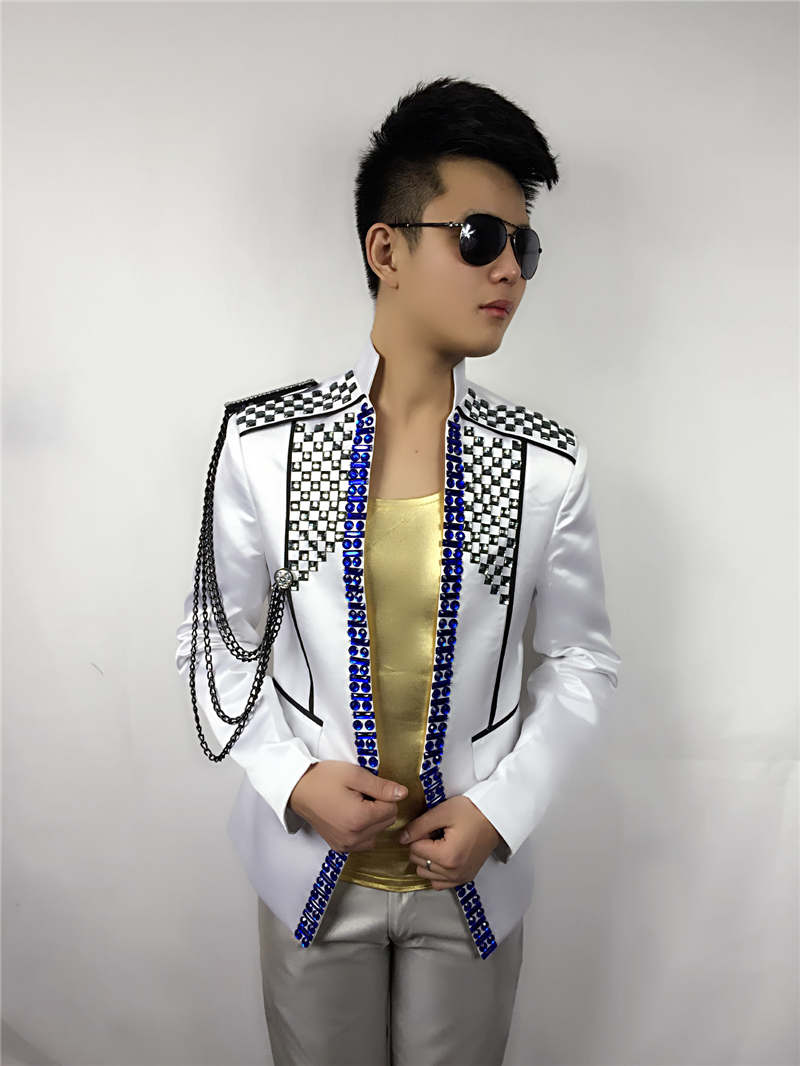 male diamonds jackets blue red black Rhinestone blazer outwear coat singer dancer performance nightclub bar groom bar fashion custumes