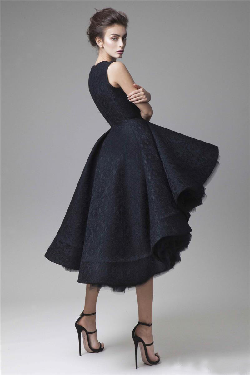 krikor Jabotian High Low Black Lace Dresses Evening Wear 2016 Modest Jewel Tulle Puffy Short High Low Prom Gowns Custom Made China EN6279