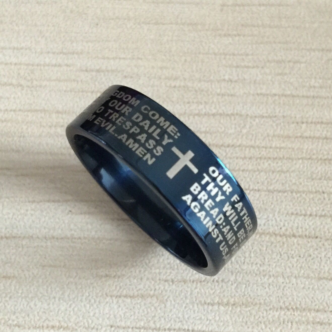 Blue men english bible ring 8mm 316 Titanium Steel cross Letter prayer bible wedding band the lord of the ring men women