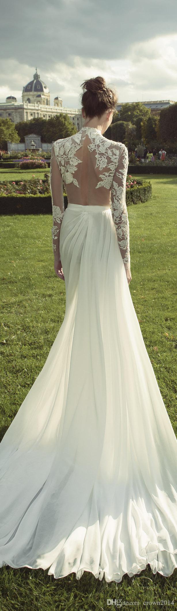 Haute Couture Chiffon Lace Wedding Dress Long Sleeve High Neck Illusion Back Applique Court Train Deep Split Front Garden Bridal Gown