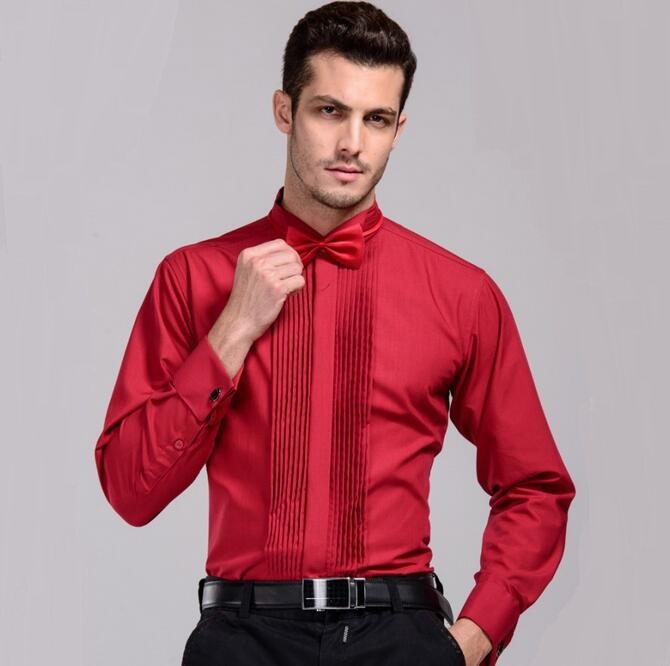 Wholesale-Mens Wedding Shirt With Bowtie 2016 New Long Sleeve Dress Shirts French Cuff Male Red Shirt Free Shipping