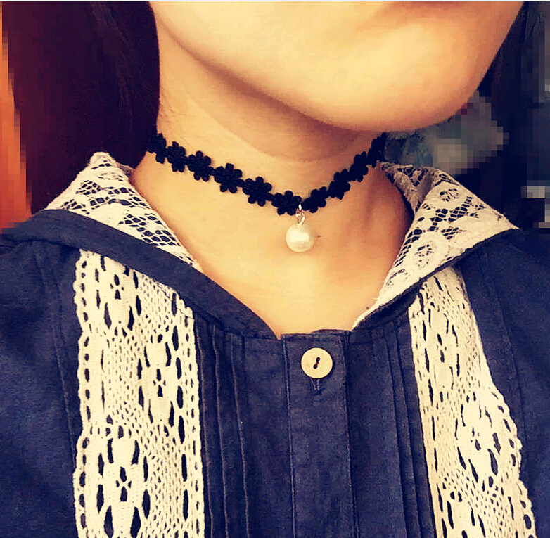 New Korean Lace Neck Necklaces Collar Style Teen Black Velvet Pearl Choker Necklace Collars Bone Goth Rock Torques with pendant
