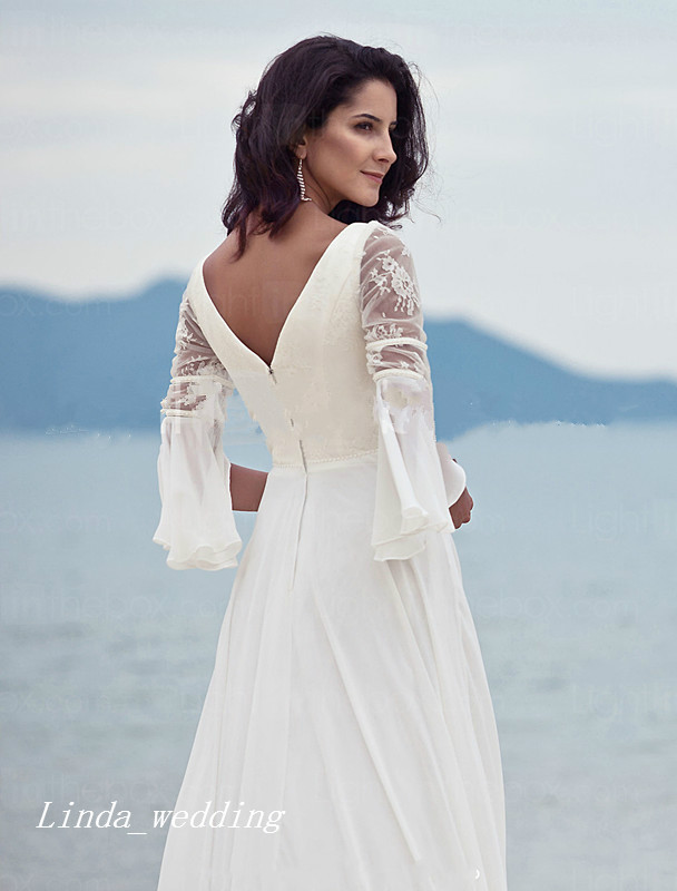 High Quality Wedding Guest Dresses A Line V Neck Floor Length Long Backless Chiffon Lace Women Wear Bridal Party Gowns