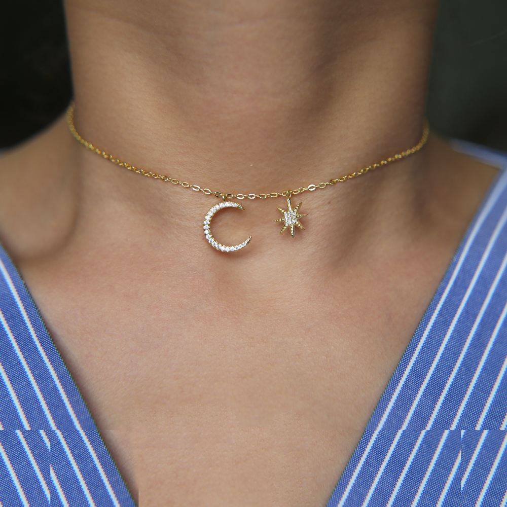 fashion jewelry simple christmas design delicate chain 3 color micro pave cz sparling moon star pendant choker necklace
