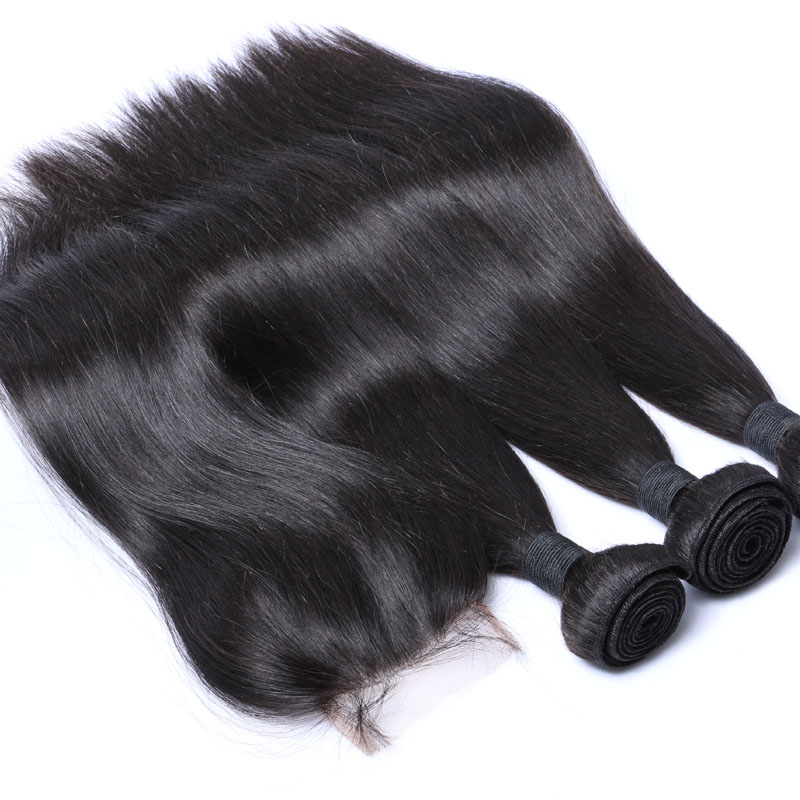 Brazilian Straight Hair Bundles With Closure Human Hair Weaves Closure 3Bundles With Lace Closure 4x4 Free Part Natural Color 1B Color